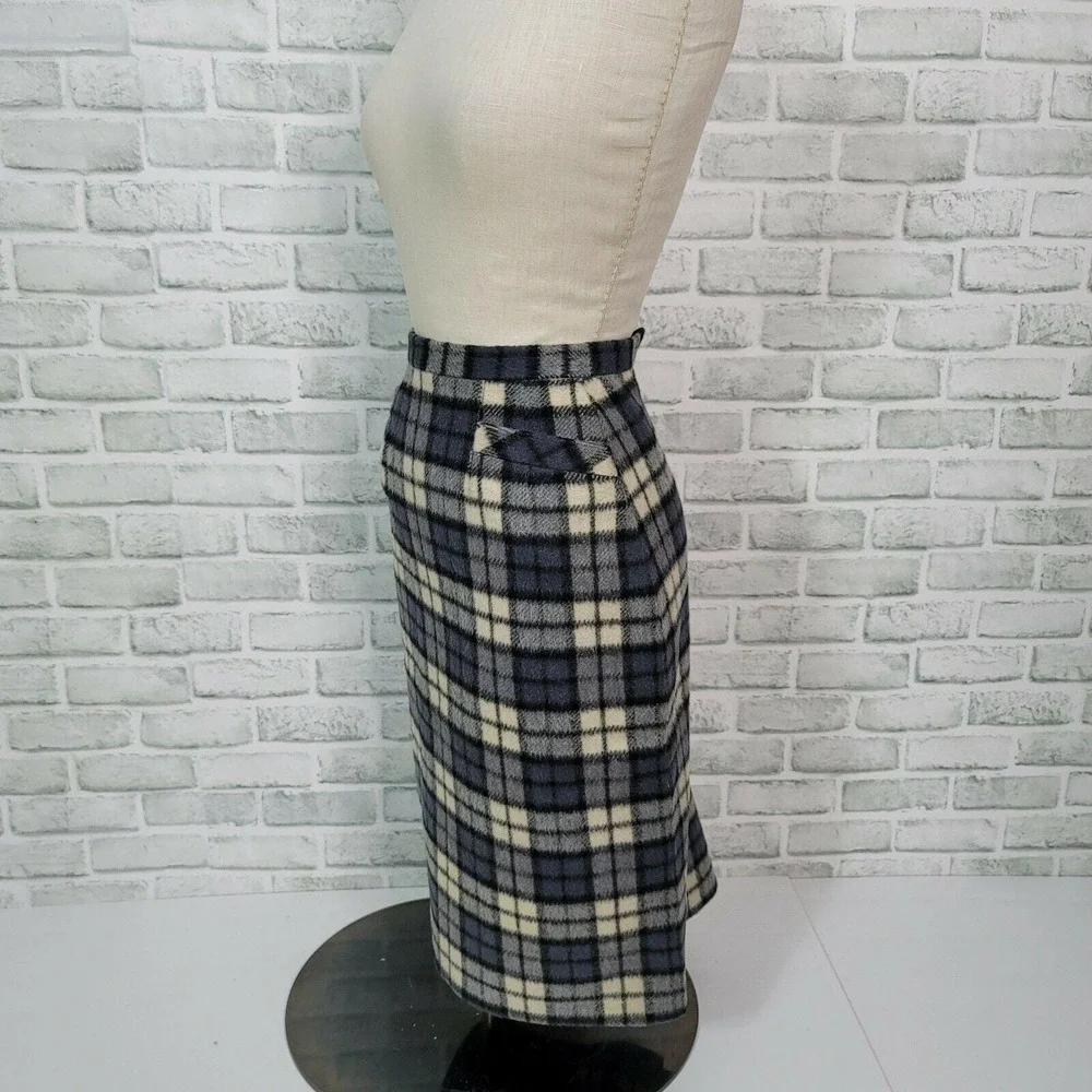 Vintage 50s 60s Wool Plaid Pencil Skirt Hi Waist Lined Winter Mod Preppy Classic